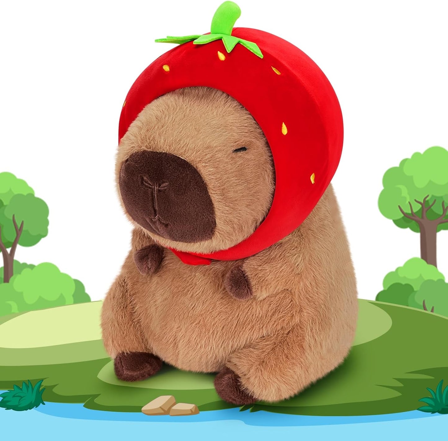 Achwishap Capybara Plush,Cute Plushies Capybara Stuffed Animal,Capybara Plush Toys,Kawaii Plush Stuffed Toy with Strawberry Hat Plushie Gift for Kids Adults Birthday(Capybara with Strawberry Hat,16”)