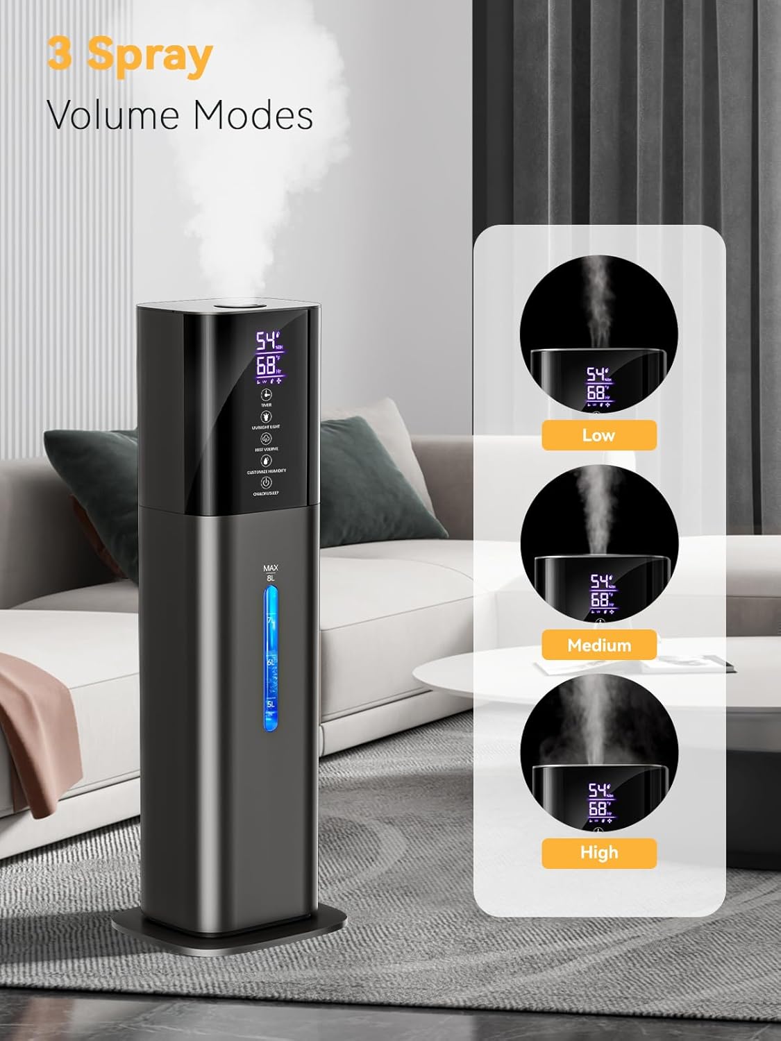 Humidifiers for Bedroom, 8L Quiet Humidifiers for Large Room with Timer, 360°Nozzle, 3 Speed Ultrasonic Cool Mist Humidifier with Humidistat for Baby, Customize humidity for Home Adults Plants