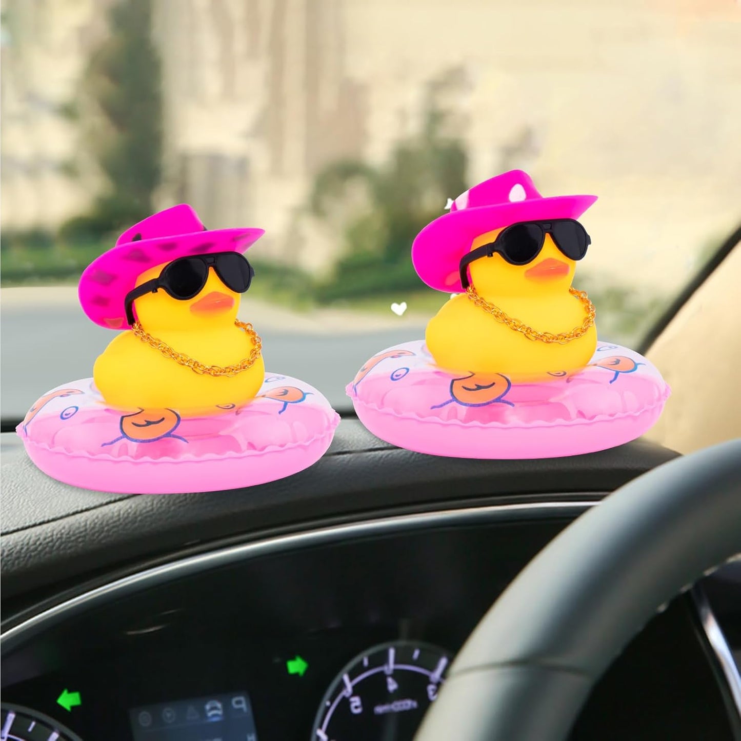 wonuu Car Rubber Duck, Yellow Duck Decoration Dashboard with Sun Hat Swim Ring Necklace Sunglasses for Car Dashboard Decorations, Black Spots Pink Cowboy Hat-Pink