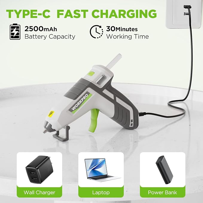 WORKPRO 3.6V Cordless Hot Glue Gun, Fast Preheating, Smart Power-Off, USB-C