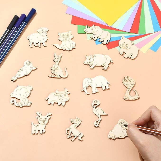 100 Pcs Unfinished Wooden Animal Cutouts Cute Blank Wood Slices