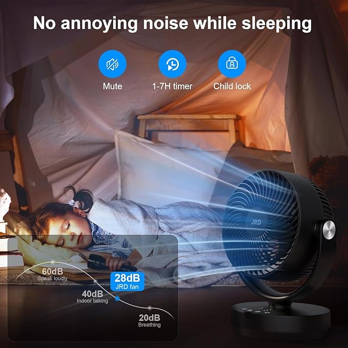JRD Fans for Bedroom, 90° Oscillating Air Circulator Fan, 13 Inch Quiet Table Fan with Remote, 120° Adjustable Tilt, 3 Speeds, 7H Timer, Powerful Desk Fan for Whole Room Home Office Living Room