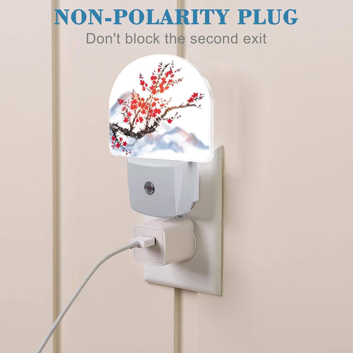 Plug in Night Lights Oriental Cherry Tree Ink Painting Nightlight Plug Into Wall Dusk to Dawn Sensor LED Night Light for Kid Girls Boys Room Decor,Hallway,Kitchen,Bathroom,Nursery,Stairs