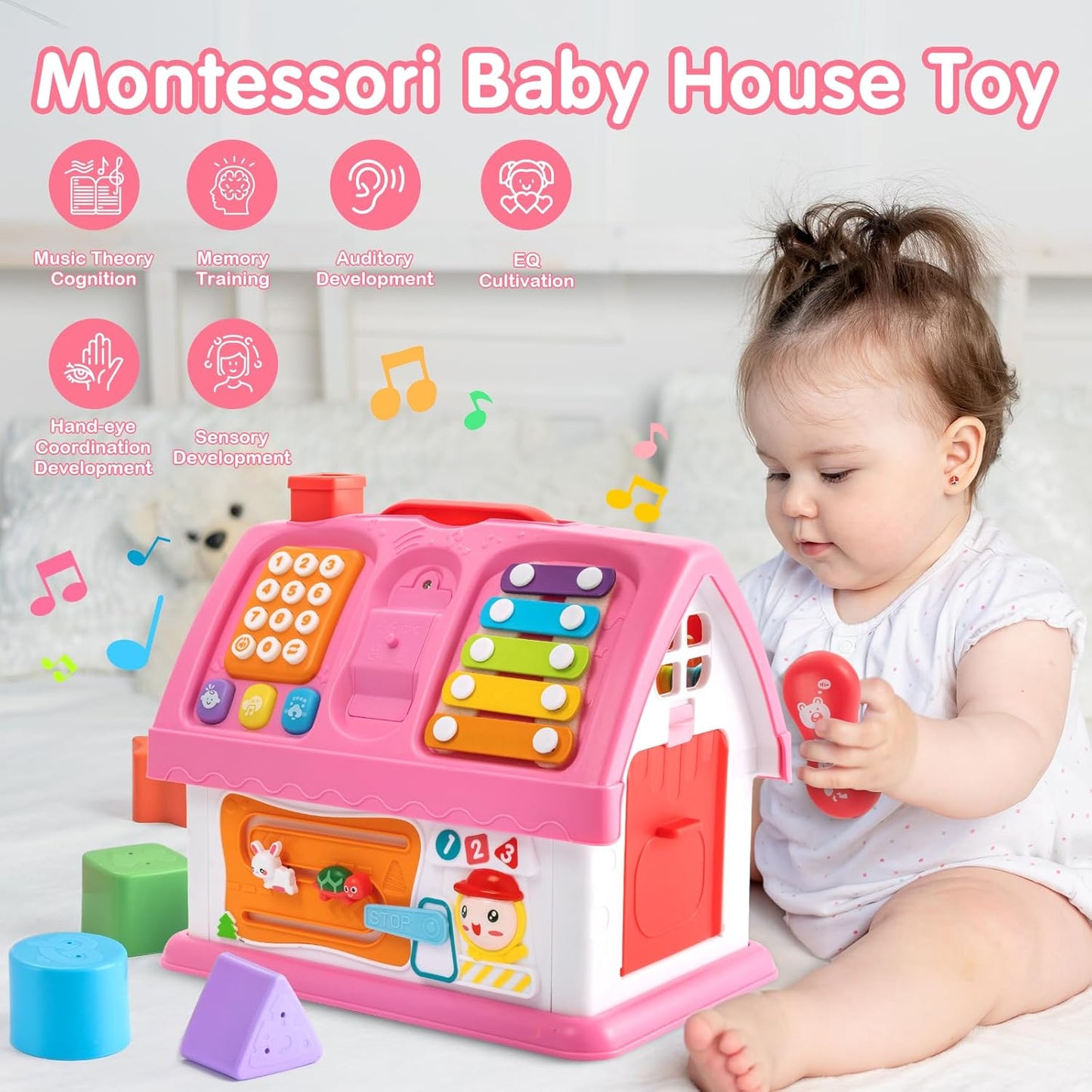 Montessori Toys for 1 Year Old, Baby Music Toys for 1 Year Old Girl Gift, 12-in-1 Musical House Toddler Learning Toy for 1 2 3 Ages, First Birthday Gifts for Girls and Boys, Educational Toy, (Pink)