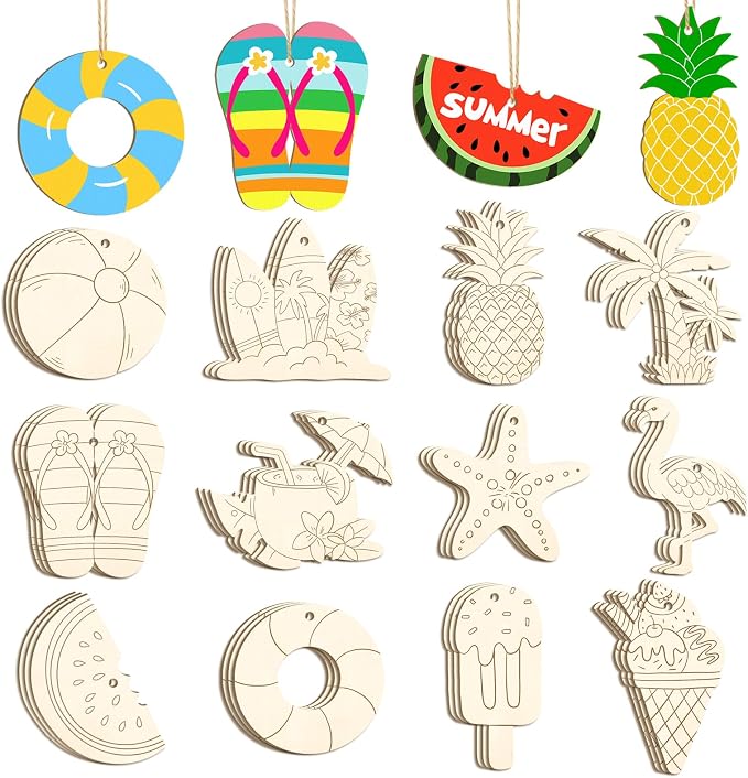 36PCS Wooden Summer Ornaments to Paint, 12 Styles DIY Blank Unfinished Wood