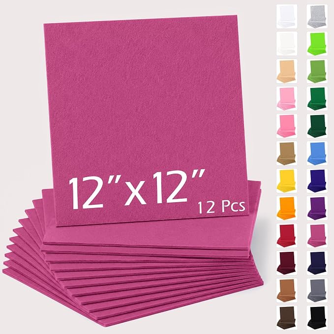 12" x 12" Felt Sheets for Crafts, 2mm Stiff Felt Fabric, Fuchsia | 2mm Thick