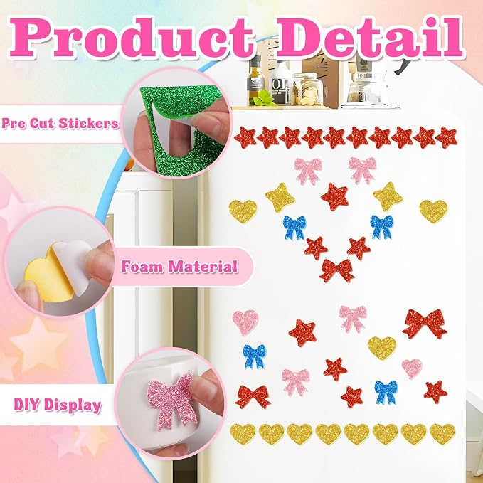 625Pcs Foam Stickers Glitter Colorful Star Heart Bow Shapes Stickers 5Sheets 3D