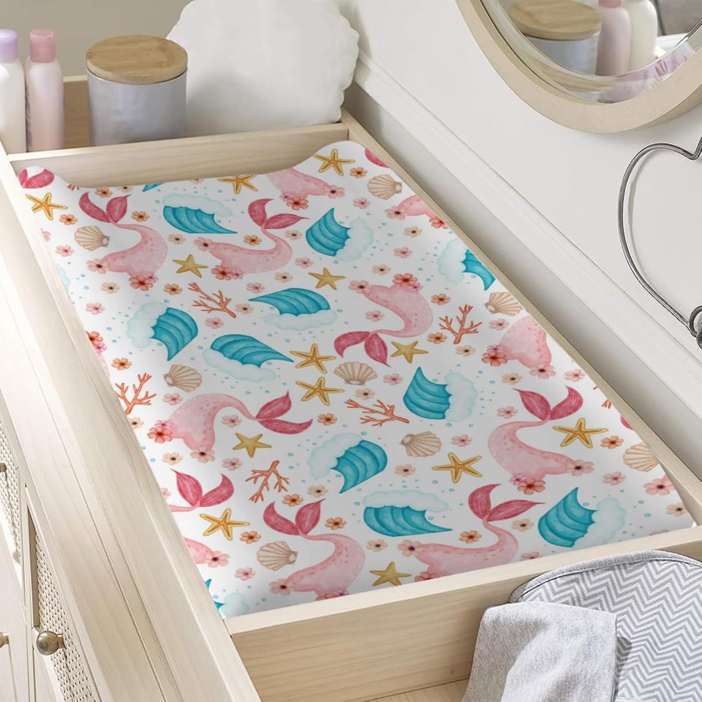 Colorful Nautical Changing Pad Cover Mermaids Starfish Conch Coral Waves Baby Change Table Pad Cover for Boy Girl Sea Ocean Marine Animal Soft Stretchy Fitted Diaper Changing Mat Sheets 32''x16''