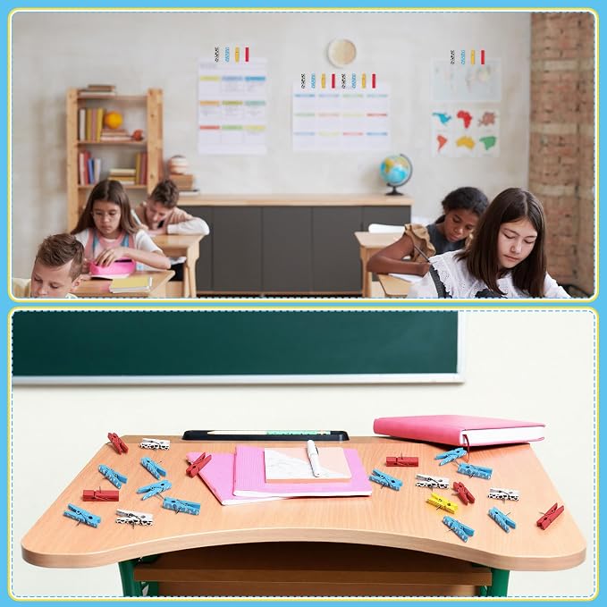 LemonRoad 60 Pcs Push Pin with Wooden Clips Teacher Cork Board Artworks