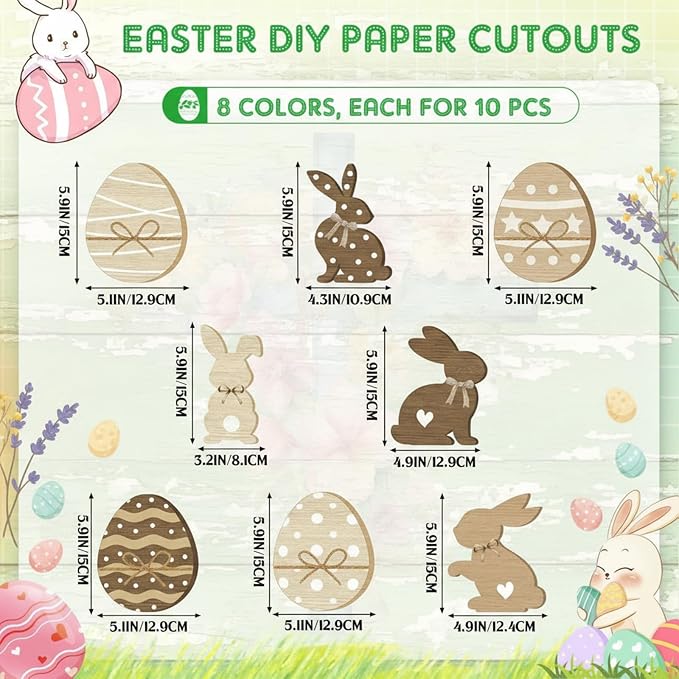 Funrous 80 Pcs Easter Paper Cutouts Farmhouse Rustic Bunny Egg Cutouts Easter