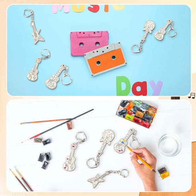RattanView 24 Pcs Guitar Craft Color Your Own Keychains DIY Craft Wooden Blank