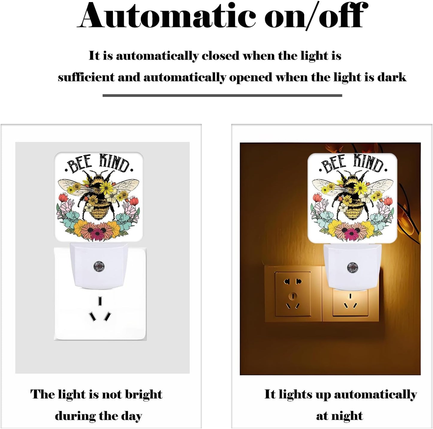Bees and Flowers Night Light,Plug Into Wall for Boys Girls Bedroom Decorative Square Night Light Lamp 0.5w Sleep Friendly