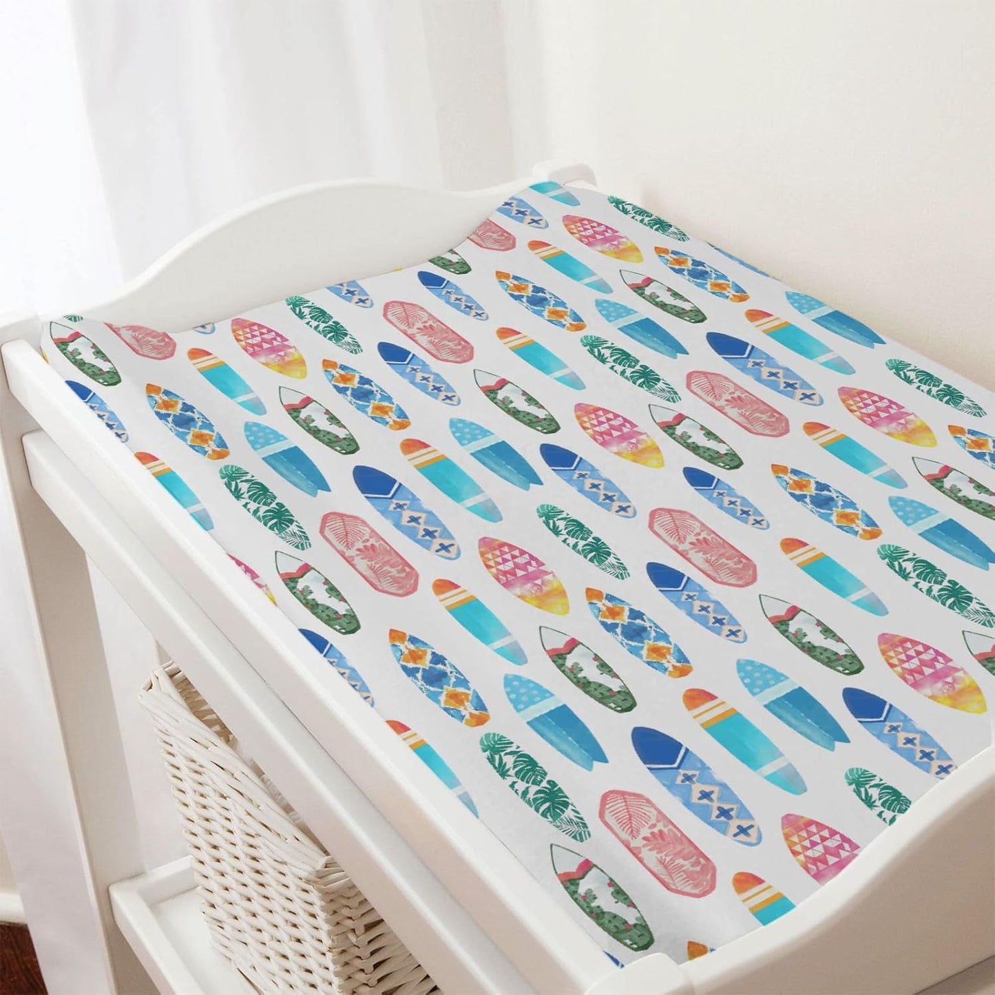 Colorful Surfboards Baby Changing Pad Covers for Boy Girl 32''x16'' Hawaiian Tropical Beach Surfing Fitted Diaper Change Table Mats Boho Summer Ocean Sports Soft Breathable Cradle & Bassinet Sheets
