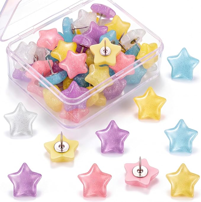 Epakh 30 Pcs Glitter Star Thumb Tacks Decorative Glitter Star Push Pins