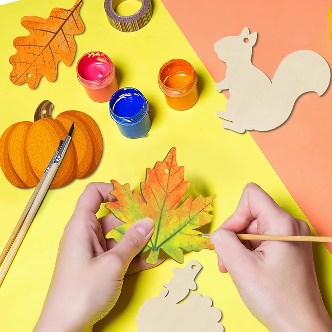36PCS Wooden Fall Ornaments to Paint Thanksgiving Decorations, 6 Styles DIY