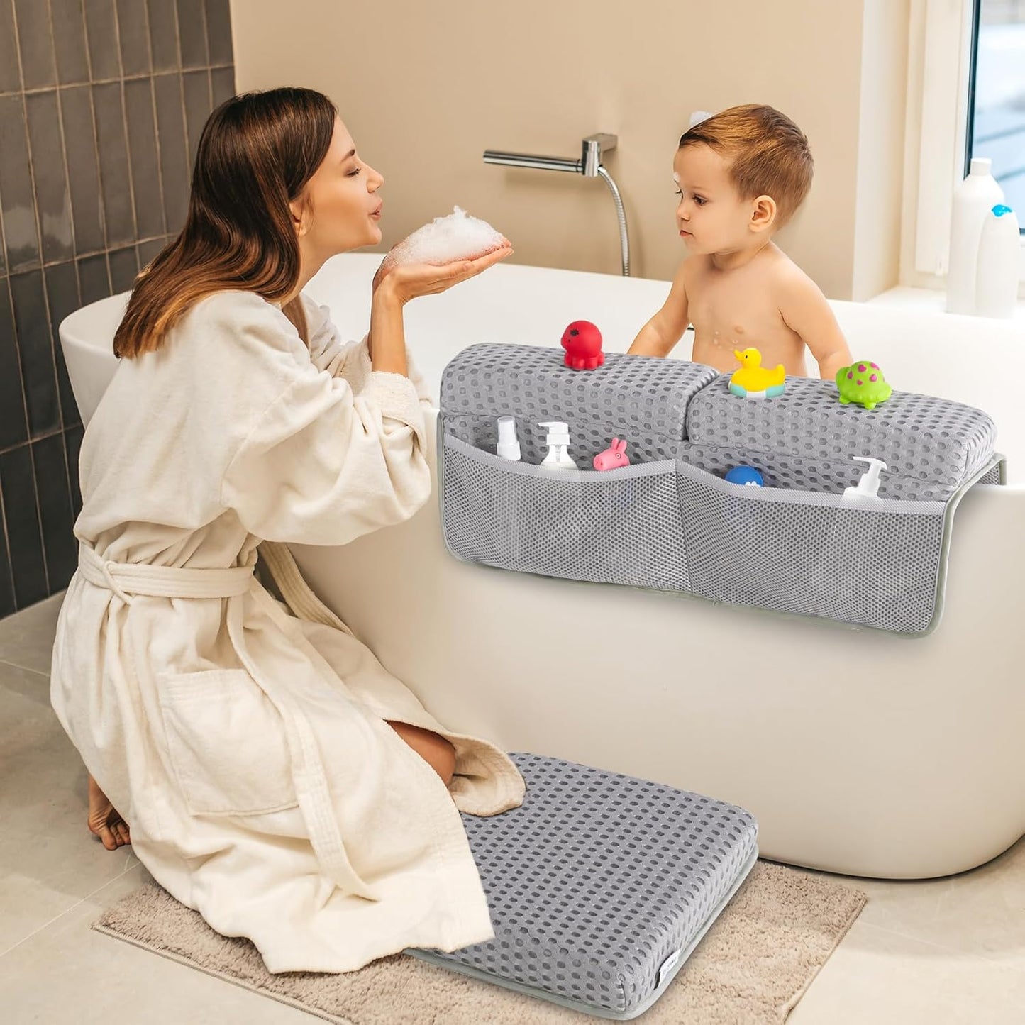 OS OMYSTYLE Baby Bath Kneeler and Elbow Rest Pad Set, 1.5'' Thick Quickly Dry Bathtub Kneeler Pad with Baby Toys & Bath Accessories Organizer, Kneeling and Elbow for Baby Tub, Non-Slip Mat(Light Grey)