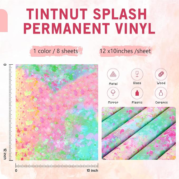 Tintnut Splash Pastel Permanent Vinyl Adhesive Vinyl 8 Sheets 12x10in |