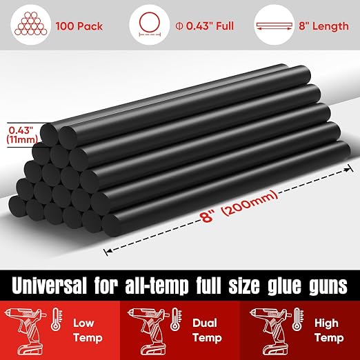 SHALL Full Size Hot Glue Sticks, 0.43” Dia x 8” Long, 100 Pack Black Glue Gun
