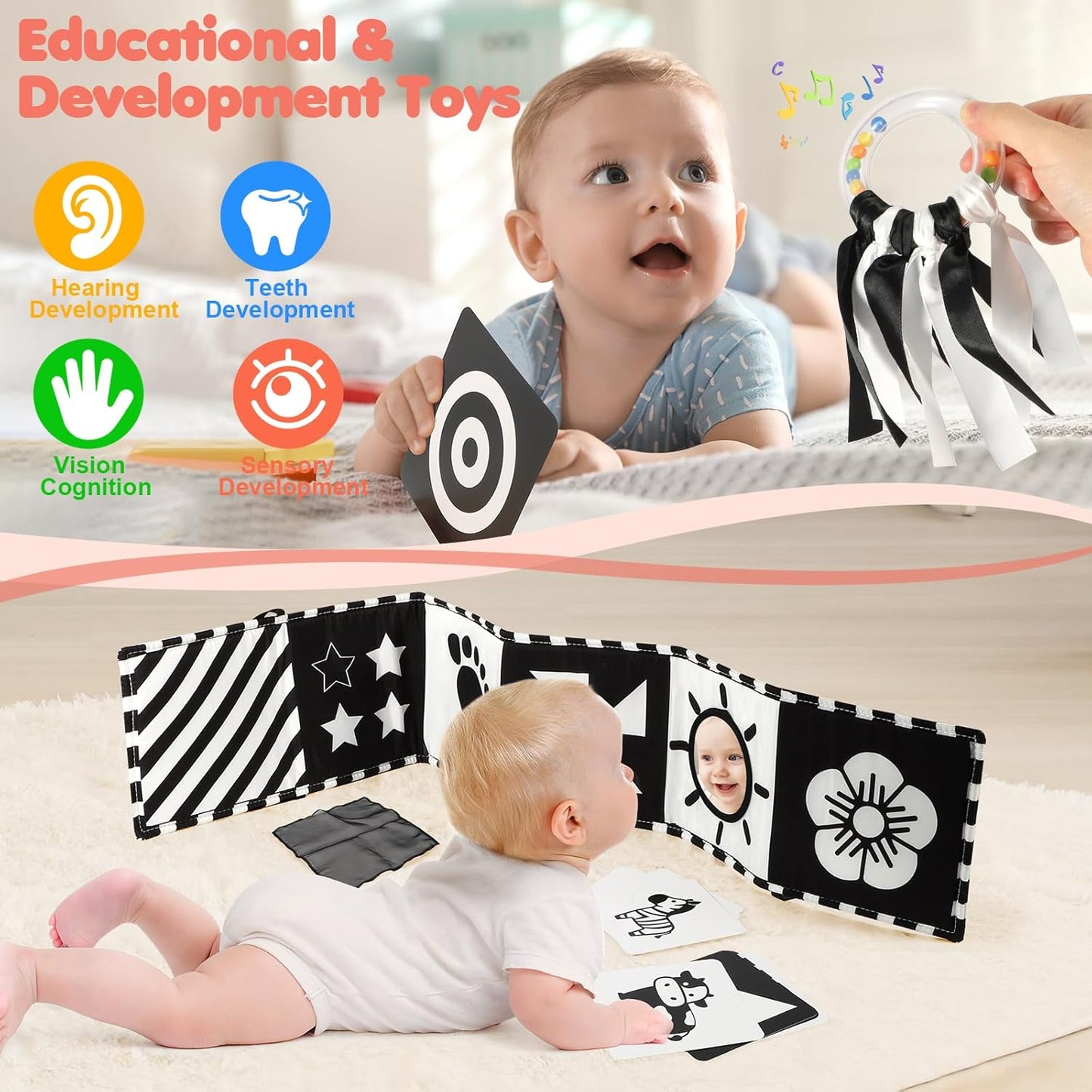 Baby Toys for 0-6 Months, High Contrast Black and White Sensory Toys for Newborn 0-6 M, Rattle Teether Tummy Time Audio Visual Stimulation Learning Activity for 0-12 Months, Baby Boy Girl Gifts 10 Pcs