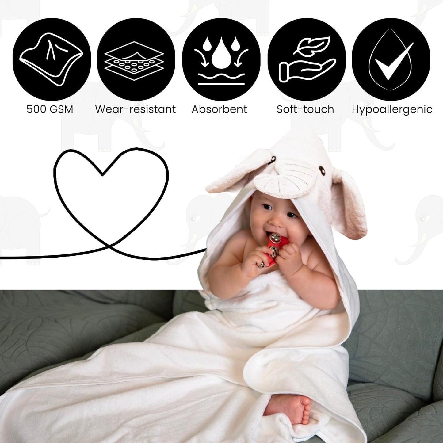 Premium Hooded Towel - 500GSM Viscose derived from Bamboo Cotton Baby Towels - Ultra Soft & Absorbent, Extra Large 35” x 35”, Hypoallergenic, Machine Washable Toddler Towel - Elephant