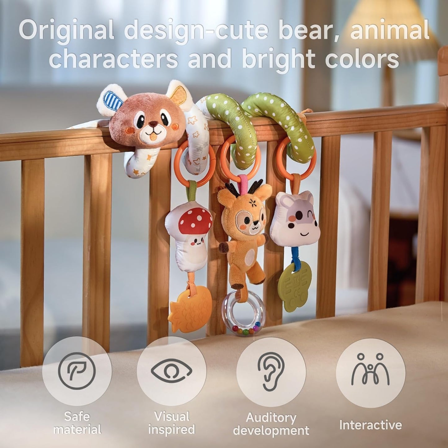 TUMAMA Baby Activity Toy Cute Bear Spiral Toy with Hanging Toys, Clips Detachable Sensory Stimulating Baby Toys 0-3 3-6 Months for Newborn Strollers Bassinets Crib Carseat