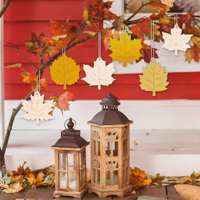24 PCS Unfinished Wooden Fall Crafts, Maple Leaves Shaped Hanging Ornaments DIY
