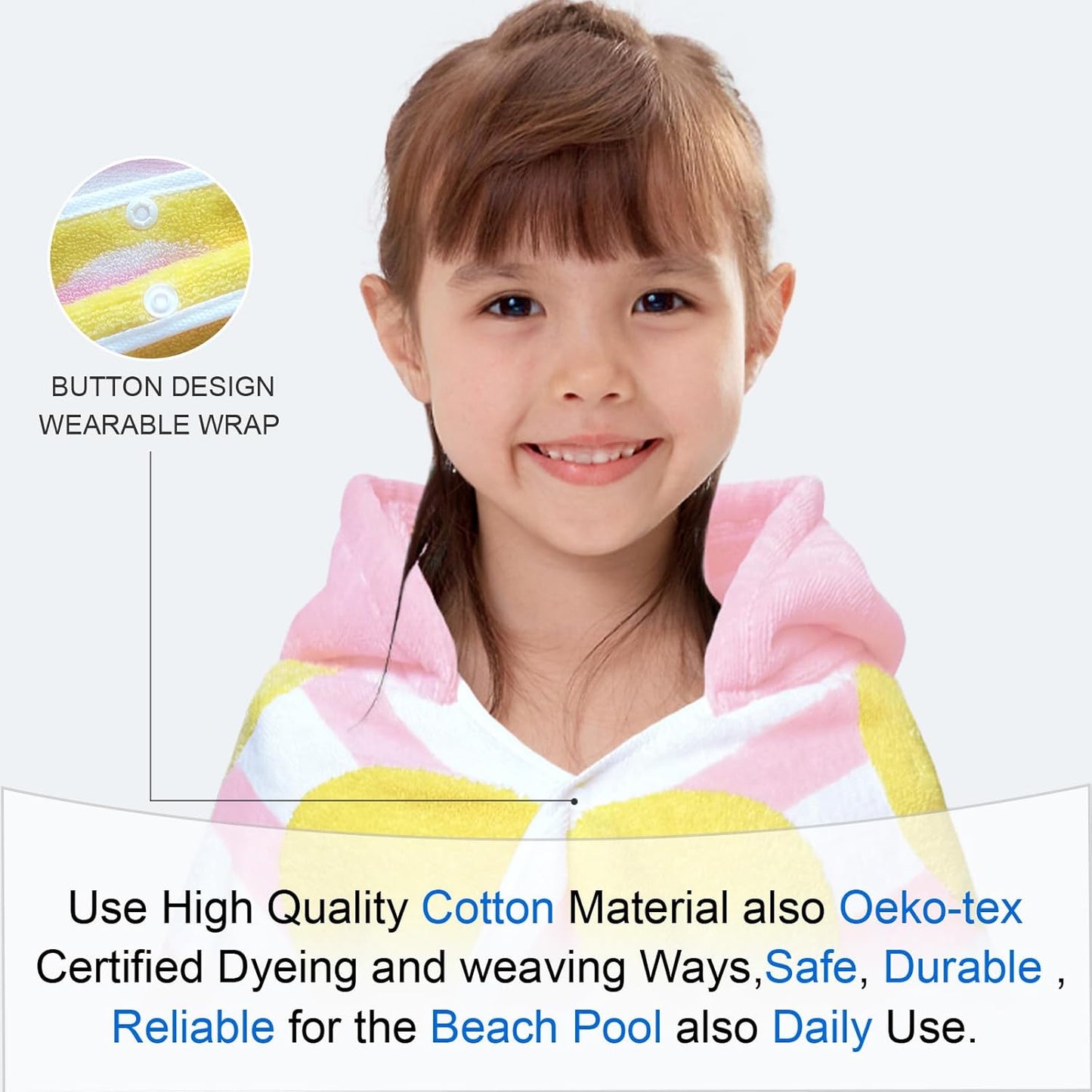 VOOVA & MOVAS Kids Bath Towel with Hood(3-10Years), Quick Dry Absorbent Lightweight Towel Wrap for Pool | Swim | Bath | Beach, Pink Strip Dot