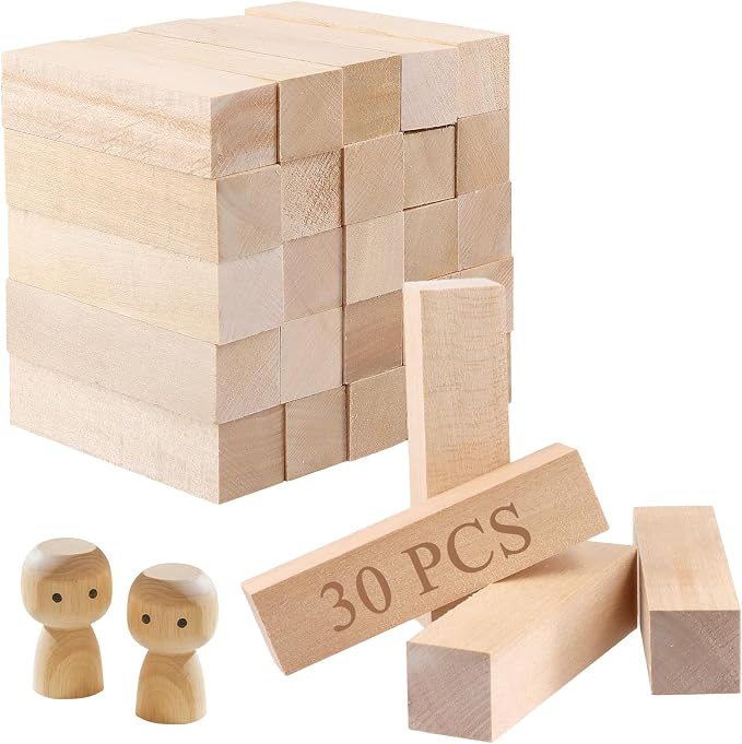 HAKZEON 30 Pack 4 x 1 x 1 Inch Basswood Carving Blocks, Unfinished Wooden Cubes