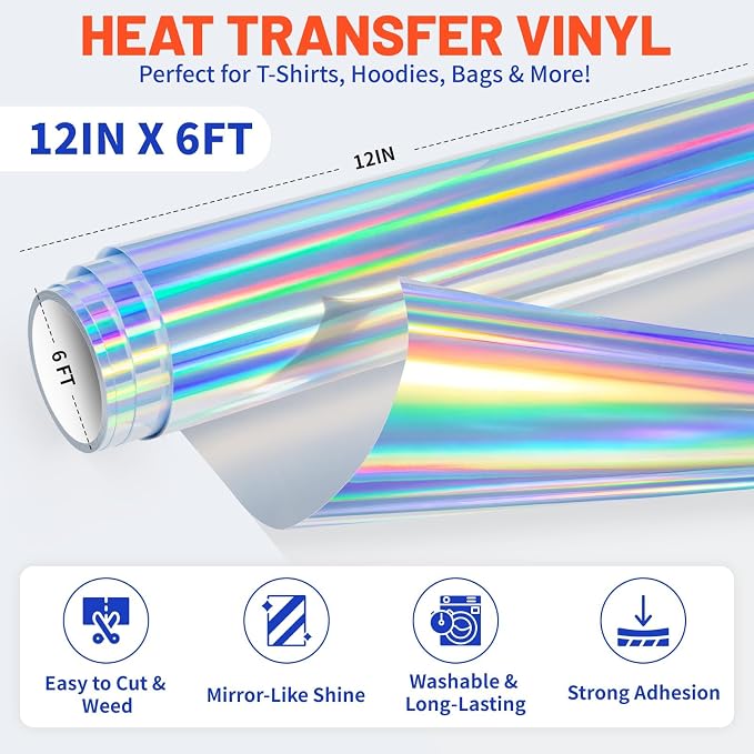 TECKWRAP Heat Transfer Vinyl for T-Shirts, Holographic Silver | Easy Weed HTV