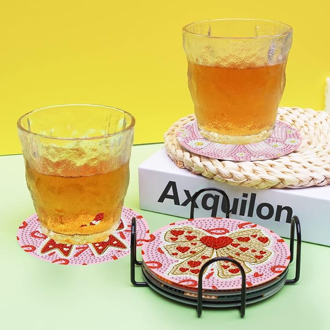 Axquilon 8 Pcs Pink Bow Diamond Art Coasters Kit