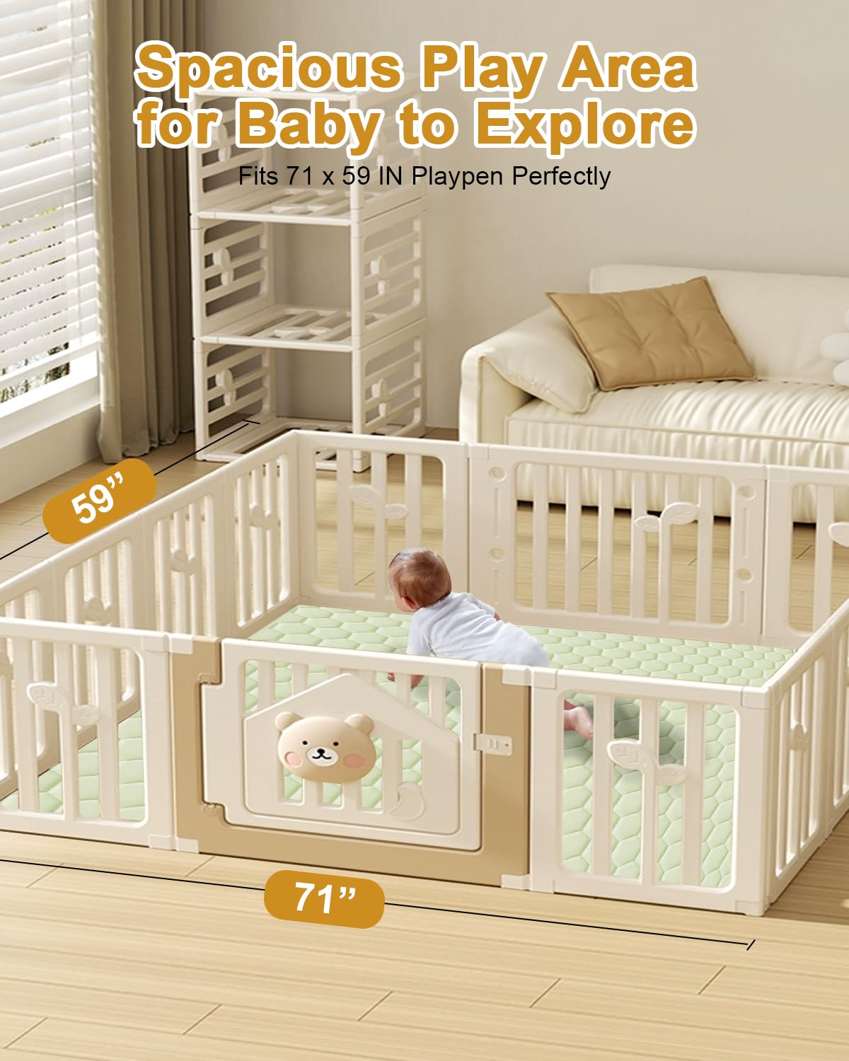 Premium Foam Baby Play Mat 71" x 59" with Removable Cover, Extra Thick Padding Playpen Mat, Non-Slip Floor Mat, Stylish & Easy to Clean for Crawling Baby, Infants & Toddlers, Green