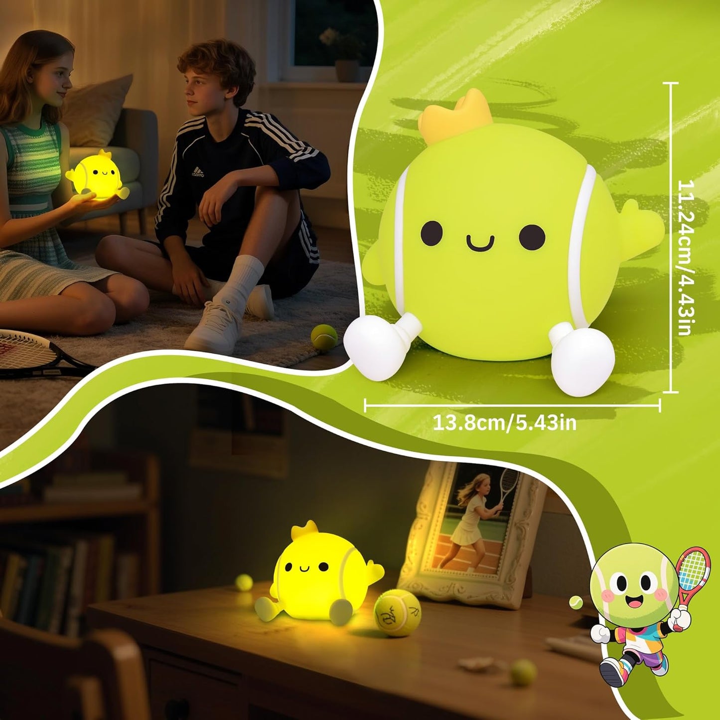 Attivilife Tennis Night Light, Tennis Ball Gifts for Kids, Rechargeable Nursery Bedroom Table Decor Dimmable LED Touch Lamp, Birthday Graduation Christmas Gift for Baby Boy Girl Teen Adult Athlete