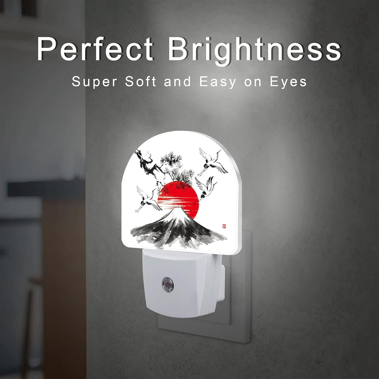 Red Sun Fuji Mountain and Storks Night Light Plug into Wall, Ink Landscape Painting Dusk to Dawn Night Light Plug in,0.5w Energy Saving Sleep Friendly NightLight for Kids Boys Girls Home Decor