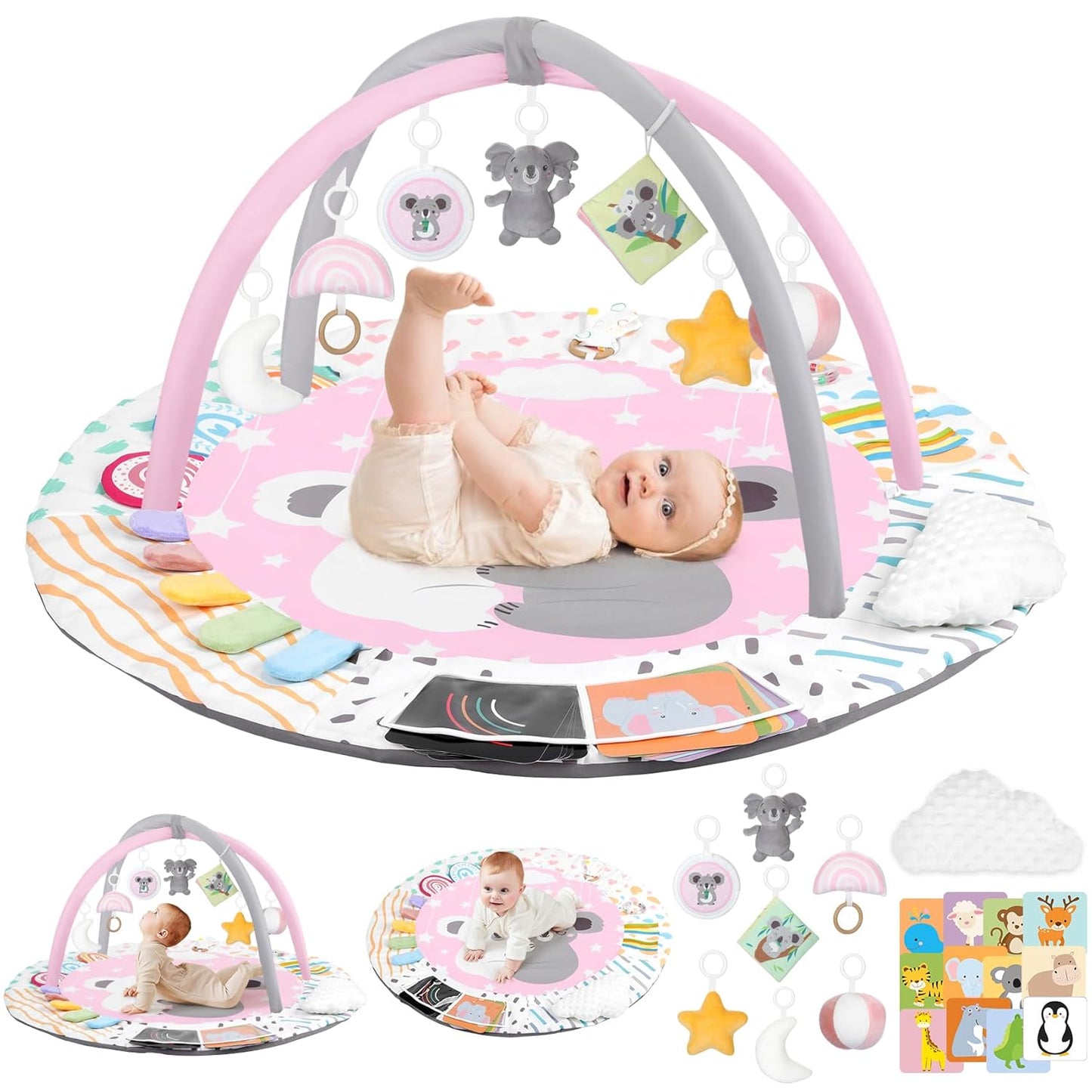 Baby Play Gym & Activity Mat, Tummy Time Mat with Tummy Time Pillow 7 Detachable Sensory Toys and Educational Cards for Motor Skills & Sensory Development, Baby Essentials Shower Gift, Pink Koala