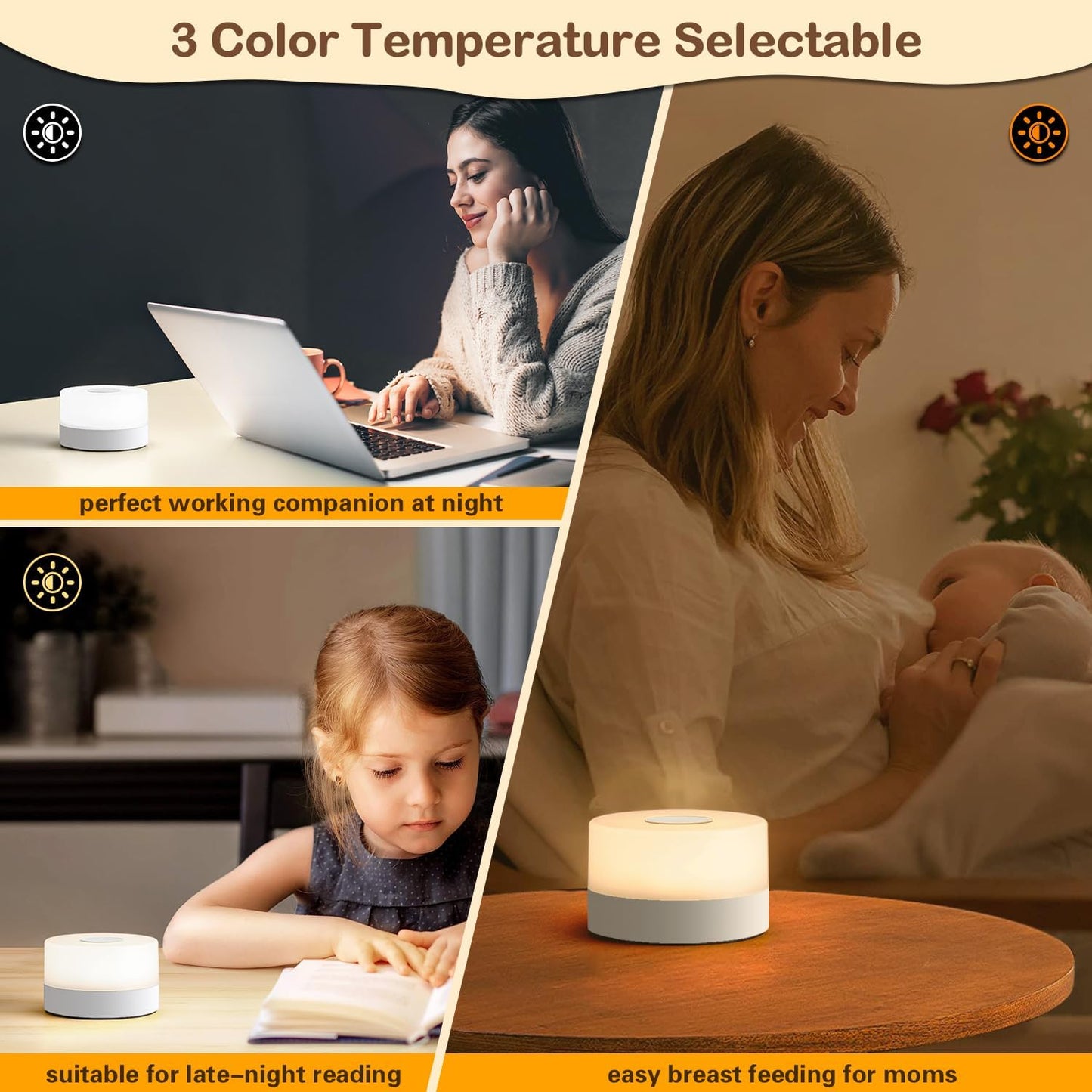 JUSHENG Baby Night Lights for Nursery, 3 Color Temperature Selectable & Dimmable, Rechargeable LED Bedside Lamps Touch Light for Nightstand, Breastfeeding, Nighttime Diaper Changes, White