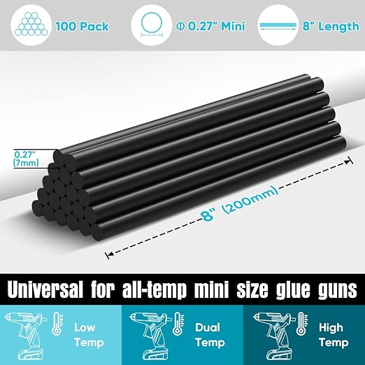 SHALL Mini Hot Glue Sticks, 0.27” Dia x 8” Long, 100 Pack Black Glue Gun Sticks