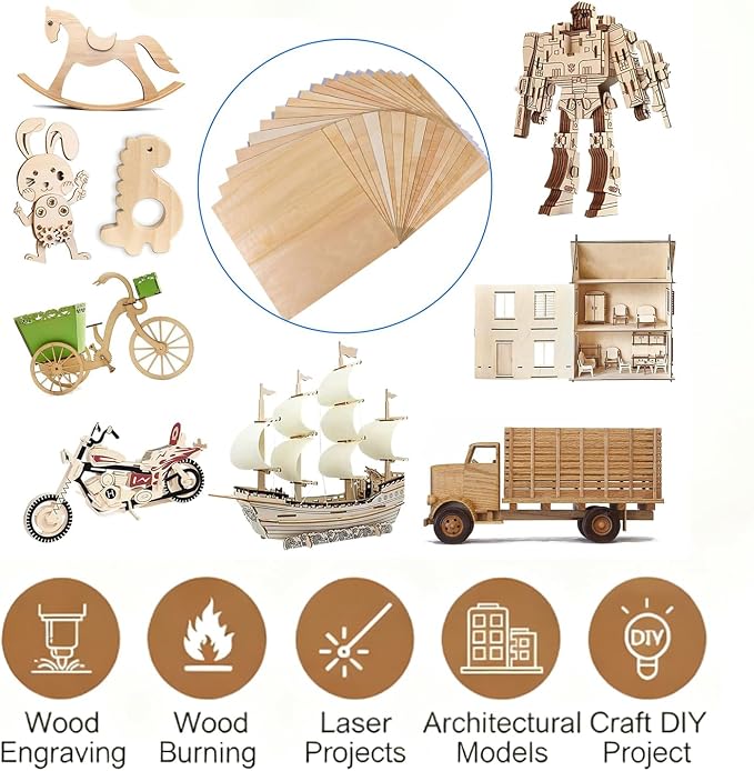 Basswood Plywood Sheets, 8 x 8 in, 1.5 mm, 12 Pack | Smooth unfinished wood