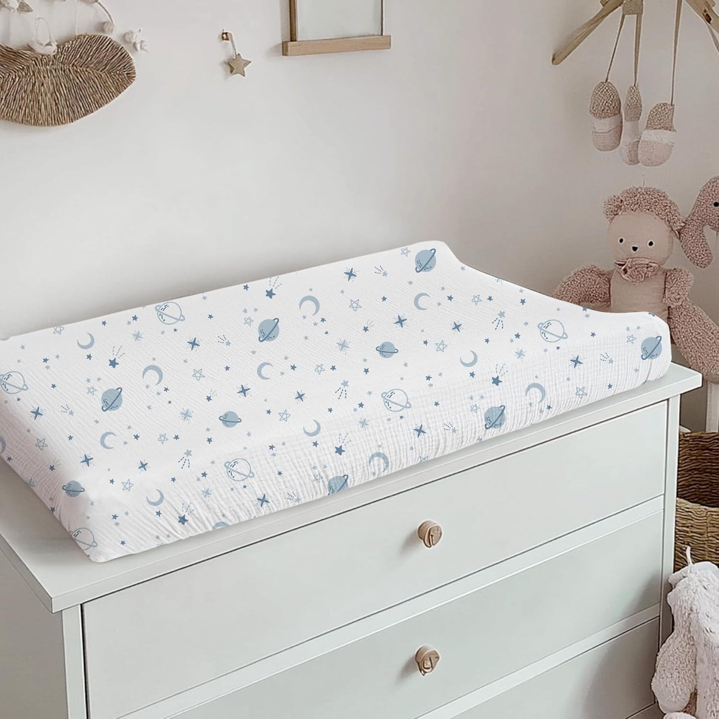 Konssy 2 Pack Muslin Changing Pad Covers for Boys, Ultra Soft & Breathable Cotton Baby Diaper Changing Table Covers, Neutral Nursery Diaper Changing Pad Sheets (Star,Blue)