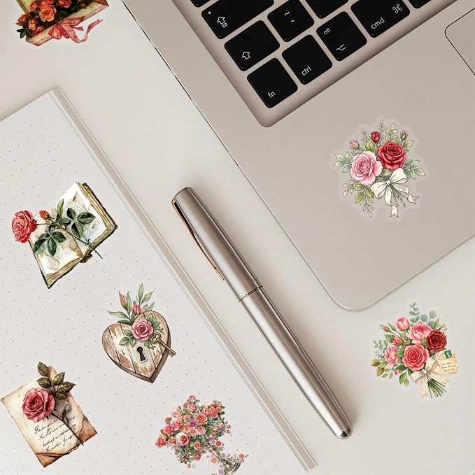 50PCS Vintage Rose Flower Stickers, Retro Love Letter Floral Decals, Waterproof