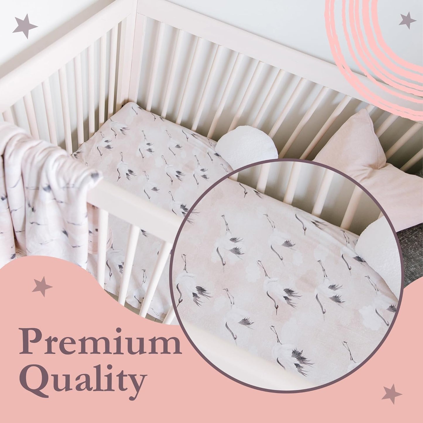 Oilo Changing Pad Cover, Breathable 100% Turkish Cotton Fitted Jersey, 300 Thread Count, Machine Washable, Fits Standard Changing Pads (32" x 16"), Girl, Boy, & Neutral Nursery Design, Pink Crane
