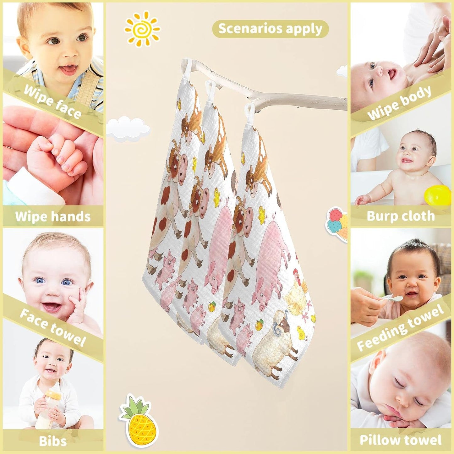 Cow Pig Sheep Chick Burp Cloths for Boys Girls, 3 Pack Farmhouse Animals Muslin Washcloths, Newborn Face Bath Towel, Soft Absorbent Cotton Wash Cloth, Baby Registry, 12 x 12 Inch
