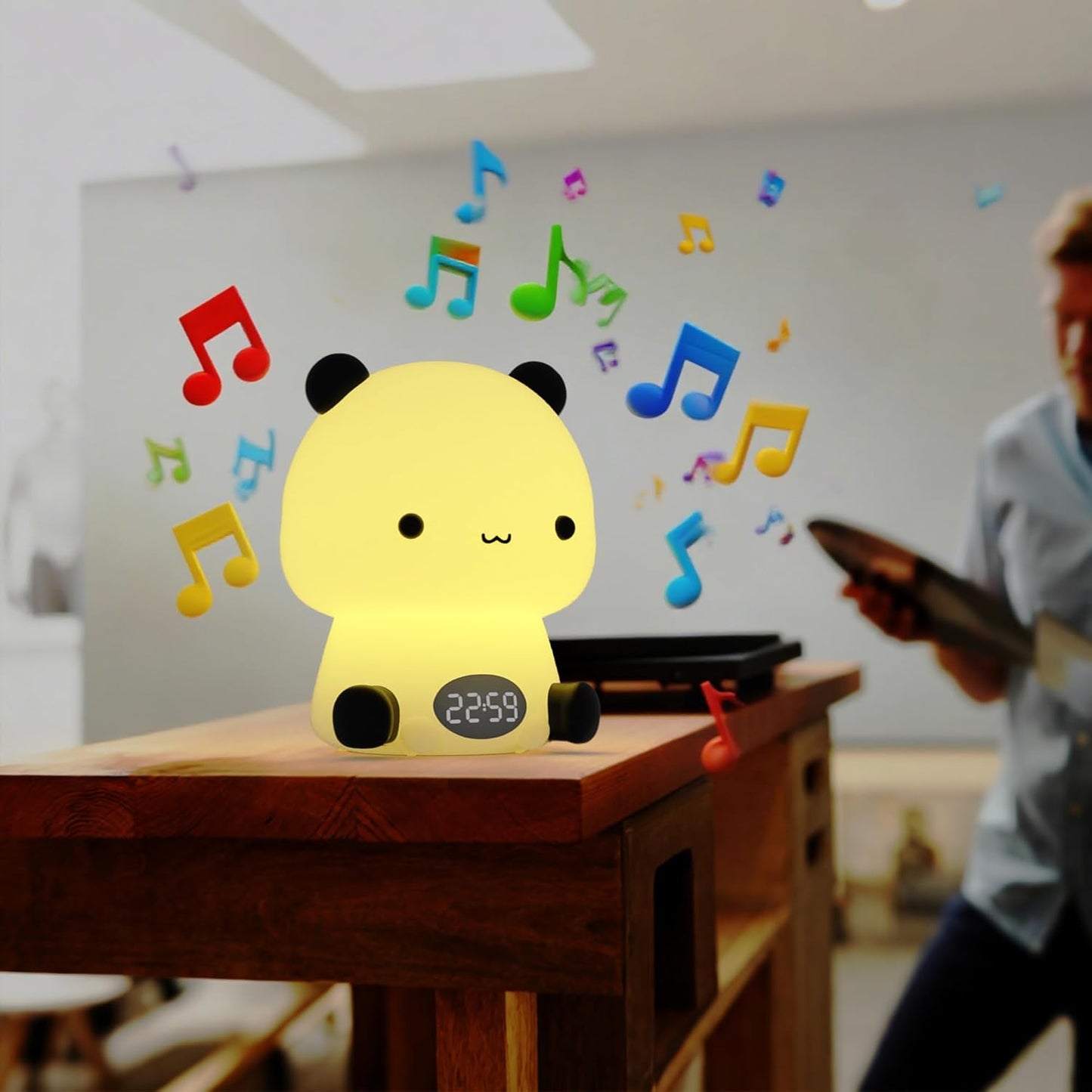 Panda Night Light for Kids, Baby Nursery LED Night Light with Bluetooth Speaker, Cute Toddler Lamp with Alarm Clock, Rechargeable Dimmable Color Changing Bedside Light for Bedroom