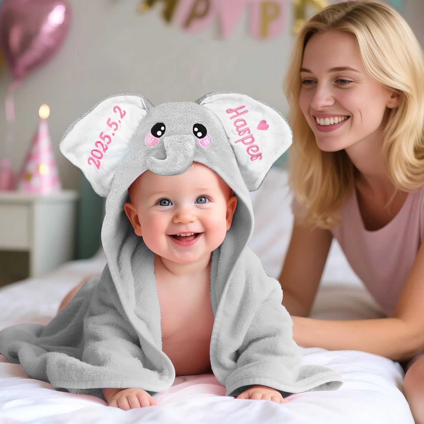 Custom Hooded Bath Towel with Name, Personalized Highly Absorbent Elephant Towels, Baby Bath Towels for Girls Boys, Christmas Brithday for Baby, Toddler, Newborn (Grey)