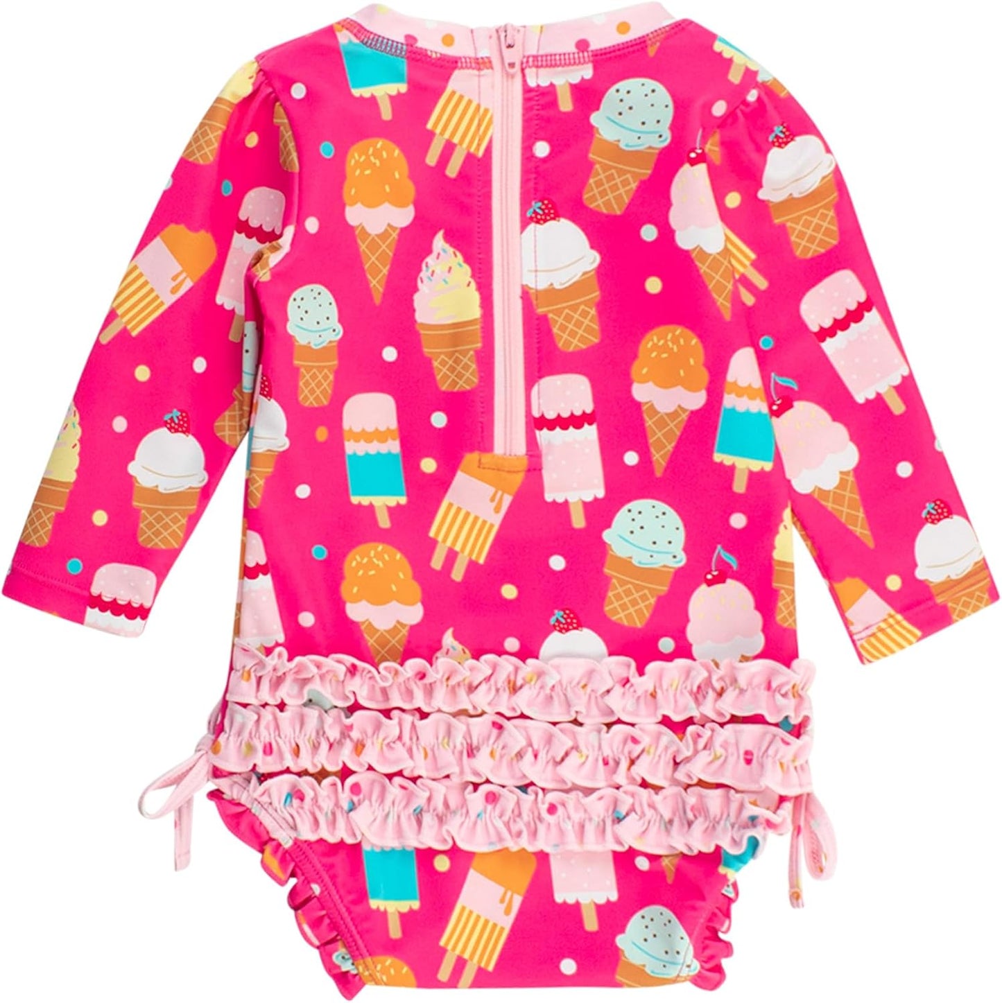 RuffleButts Baby Girls UPF 50+ Sun Protection Novelty Print Long Sleeve One Piece Rash Guard Swimsuit with Zipper
