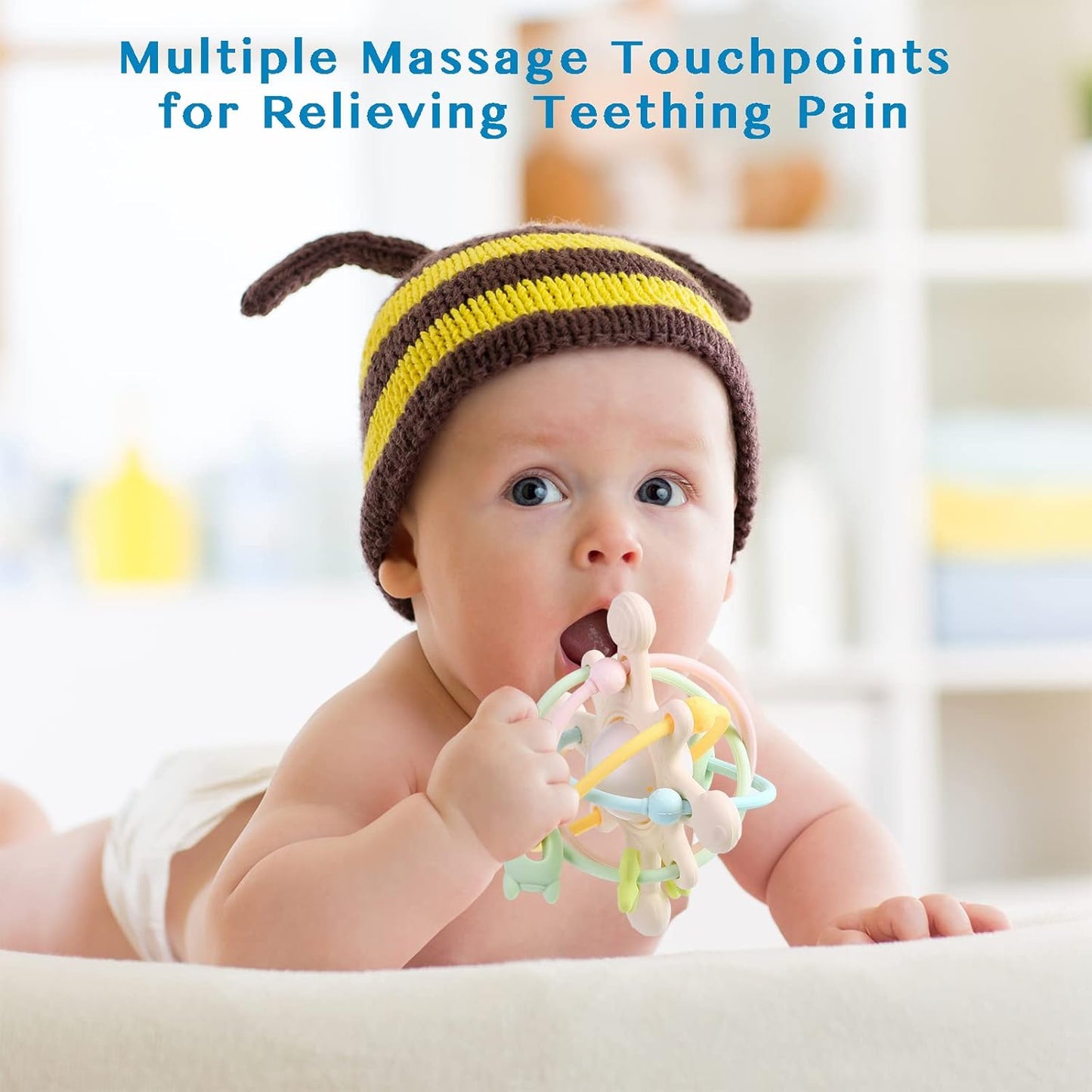 Baby Teether Toy for Babies 3 Months+, Silicone Baby Teething Toys, Rattle Sensory Teether Toy for Sore Gums, Baby Chew Toys for Sucking Needs, BPA Free, Navajo White
