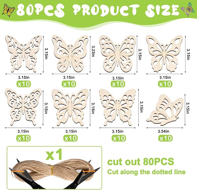 80PCS Unfinished Ornament Wood Crafts, Painting Blank Wooden Cutouts | 8 Styles