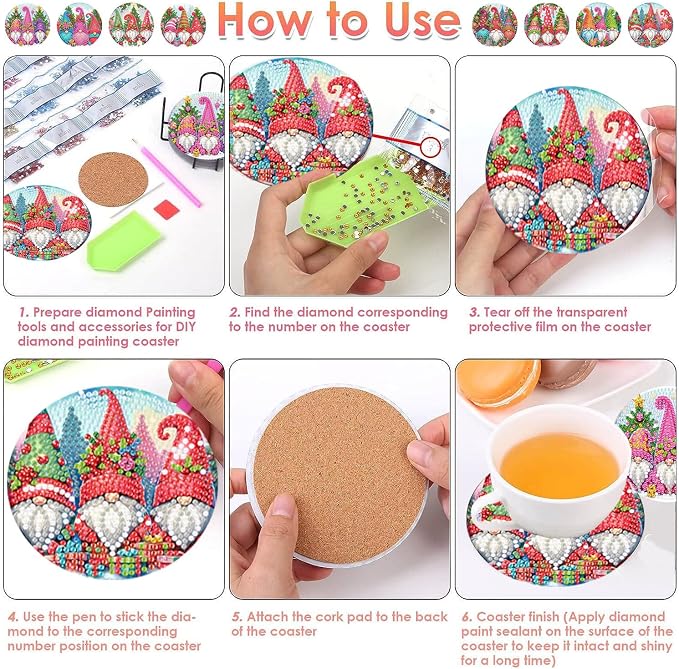 ijbnhd 8 PCS Christmas Diamond Painting Coasters | Christmas Gnome Diamond Art