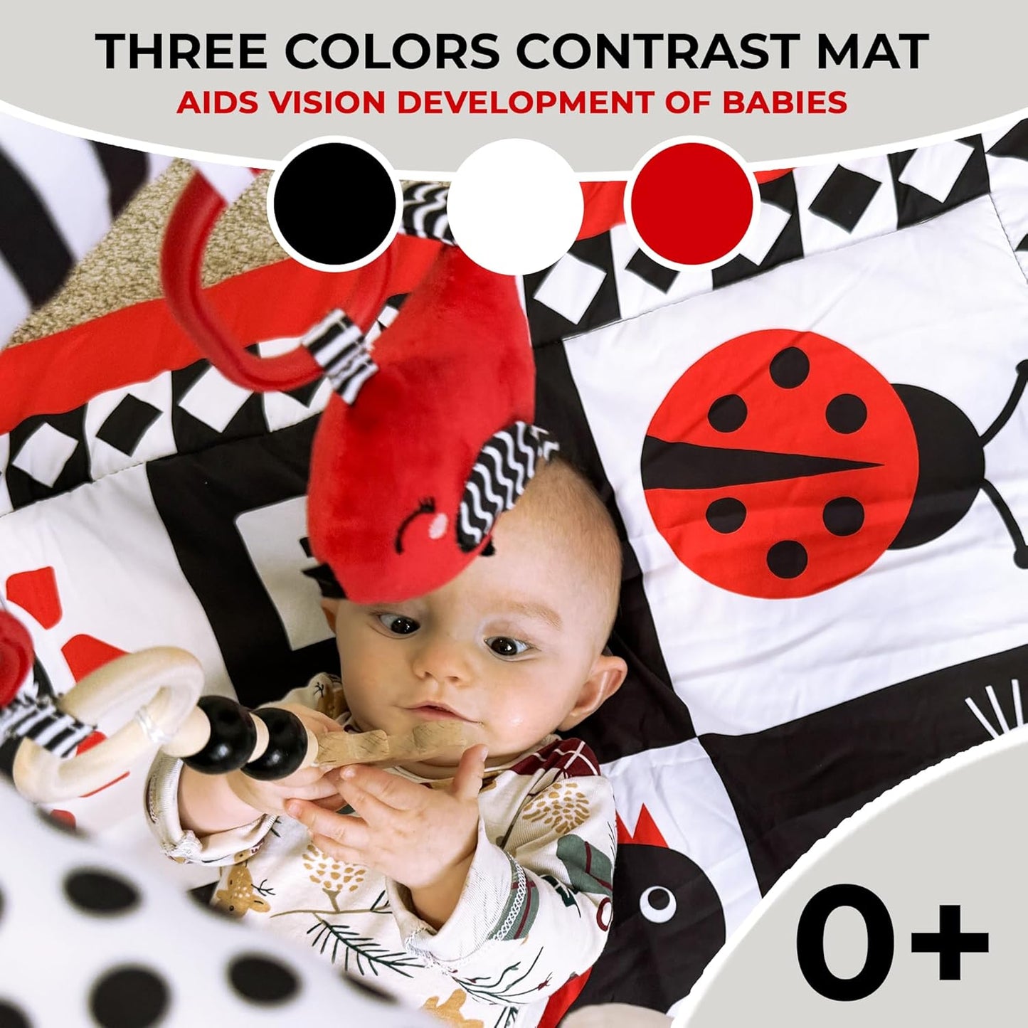 QUOKKA Padded Baby Gym Mat for Floor Tummy Time - High Contrast Baby Kick and Play Gym Mat - 6 Toys | Thick Pad | Machine Washable | Black White Red Colors for Vision Development
