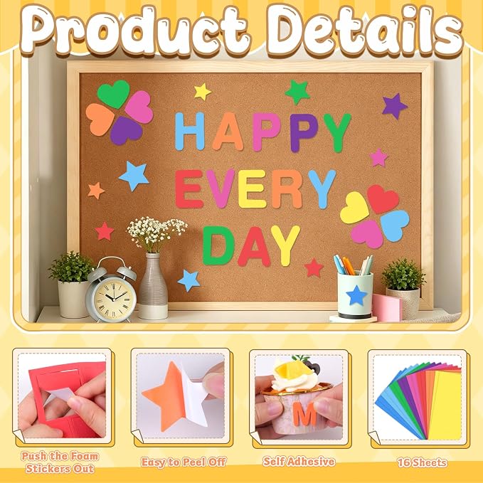 1490Pcs Foam Stickers for Crafts 8Colors Self Adhesive Foam Letter Shape