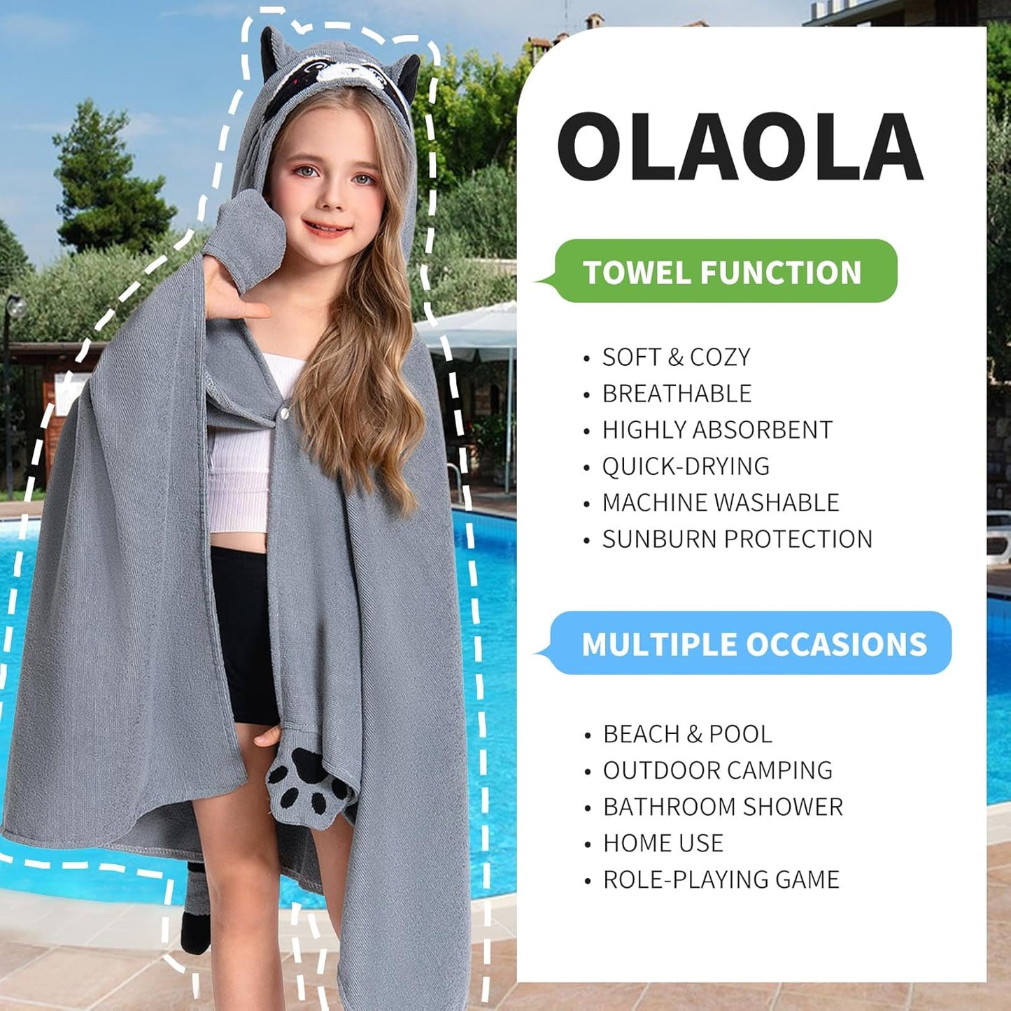 OLAOLA Raccoon Hooded Towel for Kids 3-12 Years, 28" x 53" Soft Thick Absorbent Beach Towels, Toddler Bath Towel Wrap, Swim Pool Towels Poncho for Boys Girls